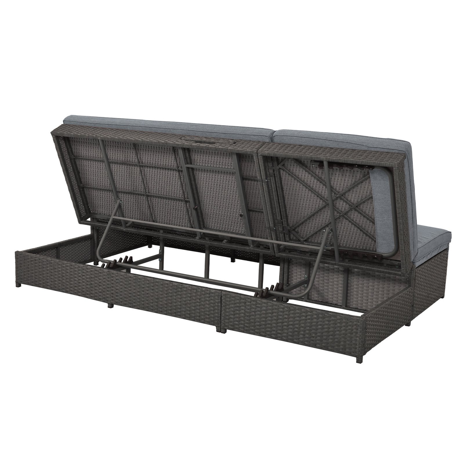 Rear view of gray outdoor double sunbed with adjustable backrests in a reclined position, showing the wicker frame and reclining mechanism.