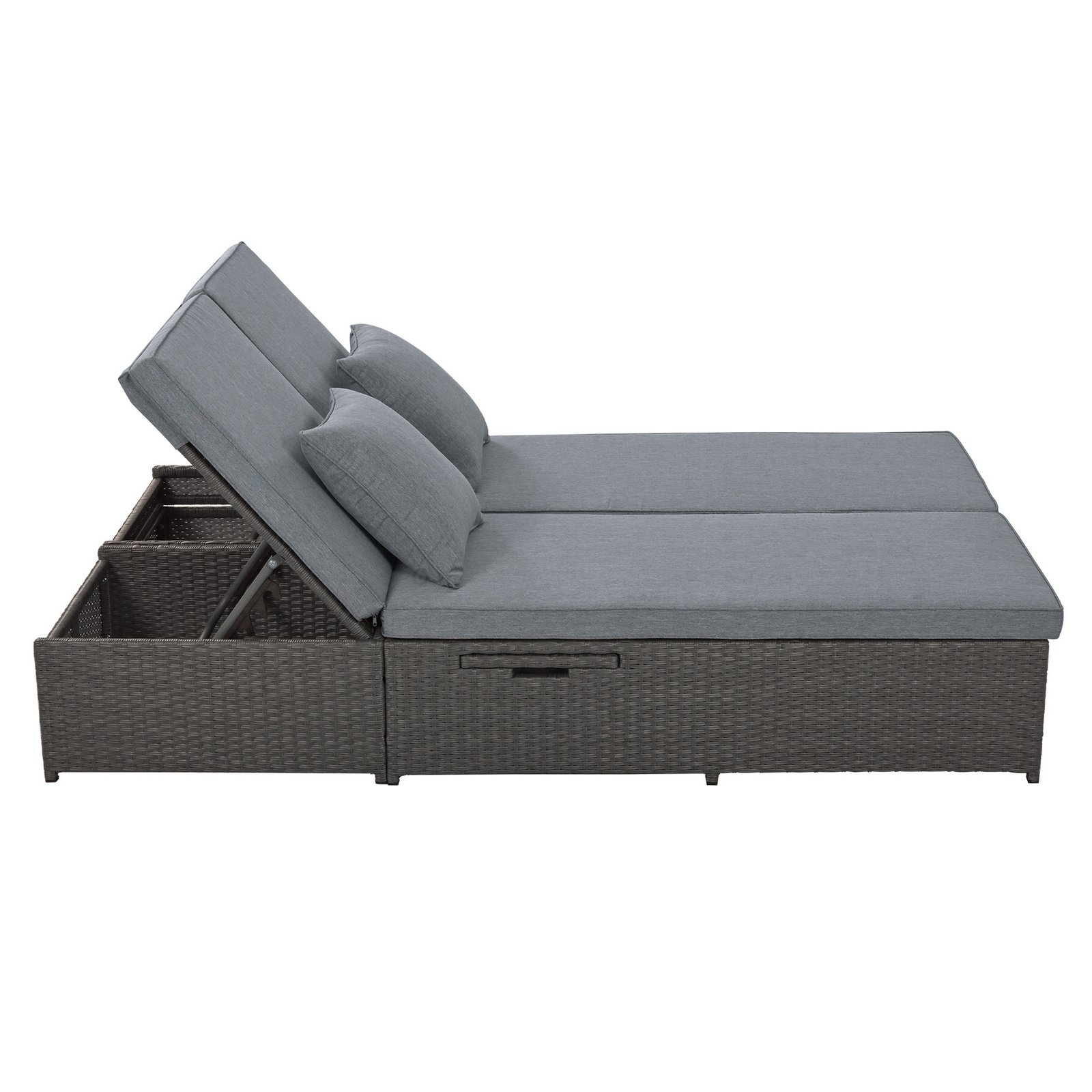 Side view of gray outdoor double sunbed with adjustable backrests, cushions, and side cup trays on white background.