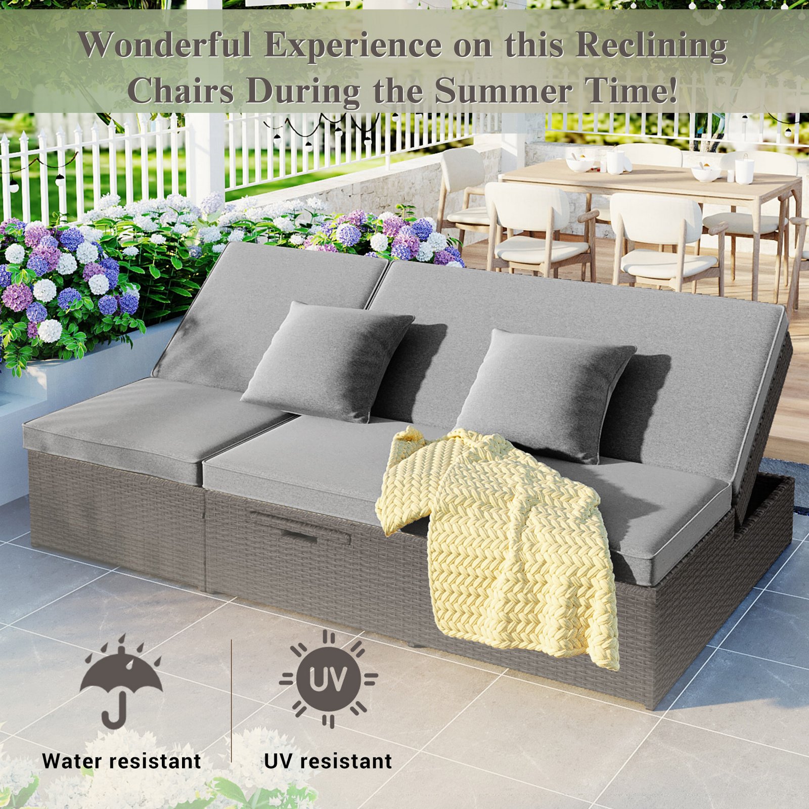 Close-up of the gray outdoor double sunbed featuring weather-resistant PE rattan, UV-resistant materials, and thick cushions for summer outdoor relaxation.