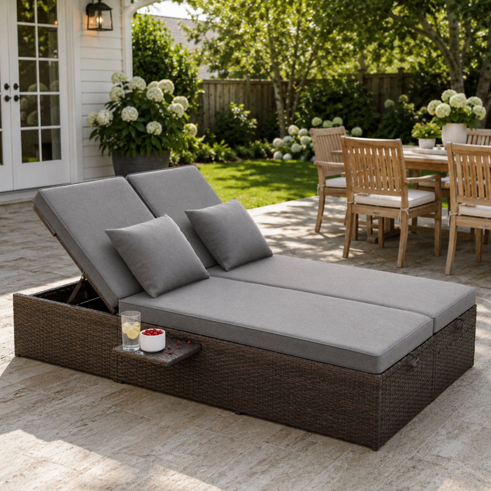 Gray outdoor double sunbed with adjustable backrests, thick cushions, and side cup trays in a backyard patio setting.