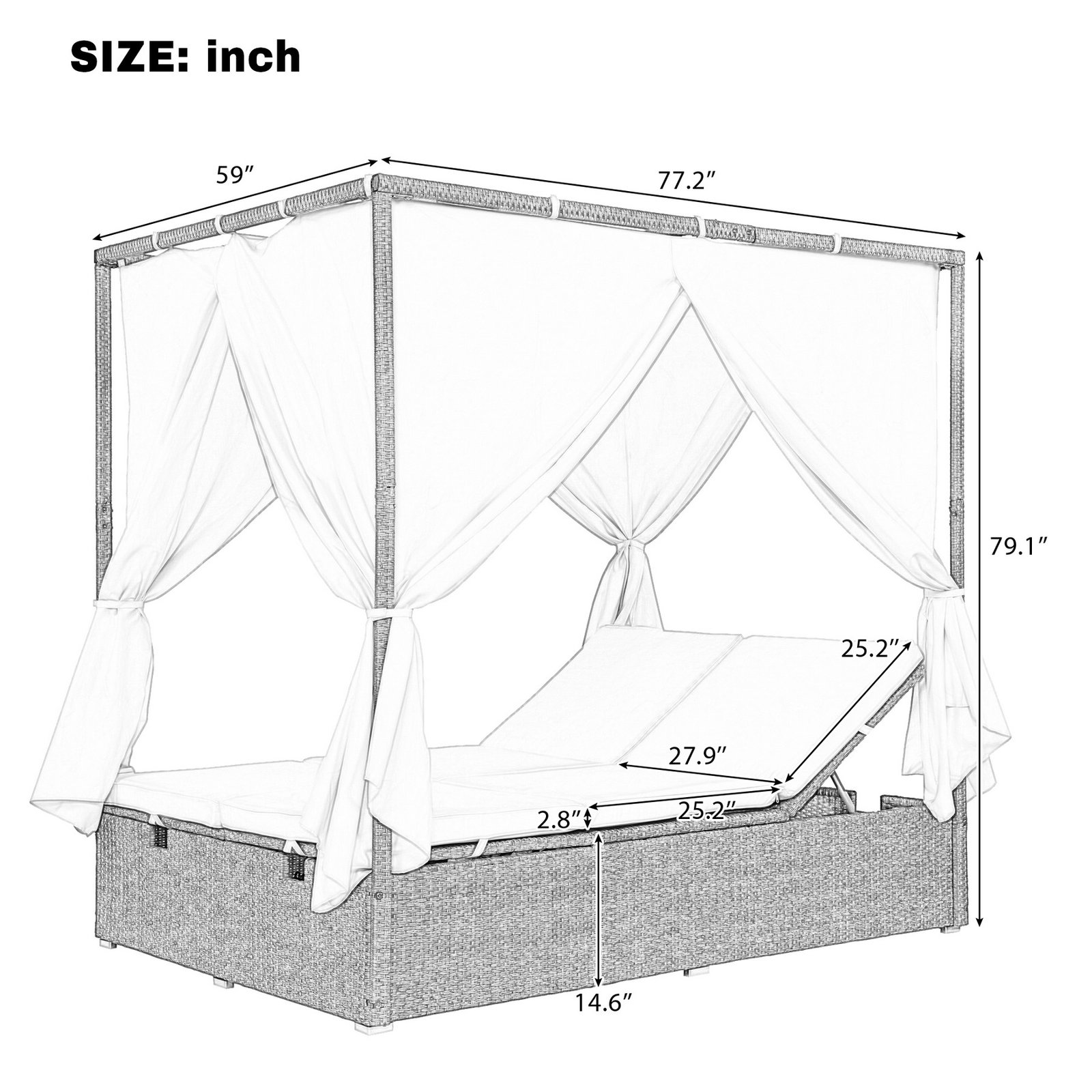 Adjustable outdoor sun lounger with canopy dimension chart showing overall size, height, and width