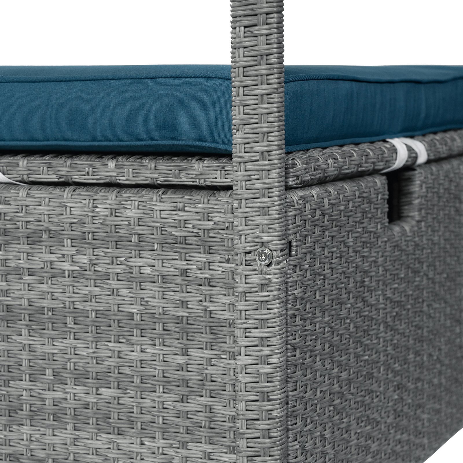 Close-up of adjustable outdoor sun lounger with canopy showing handwoven PE rattan texture and frame detail