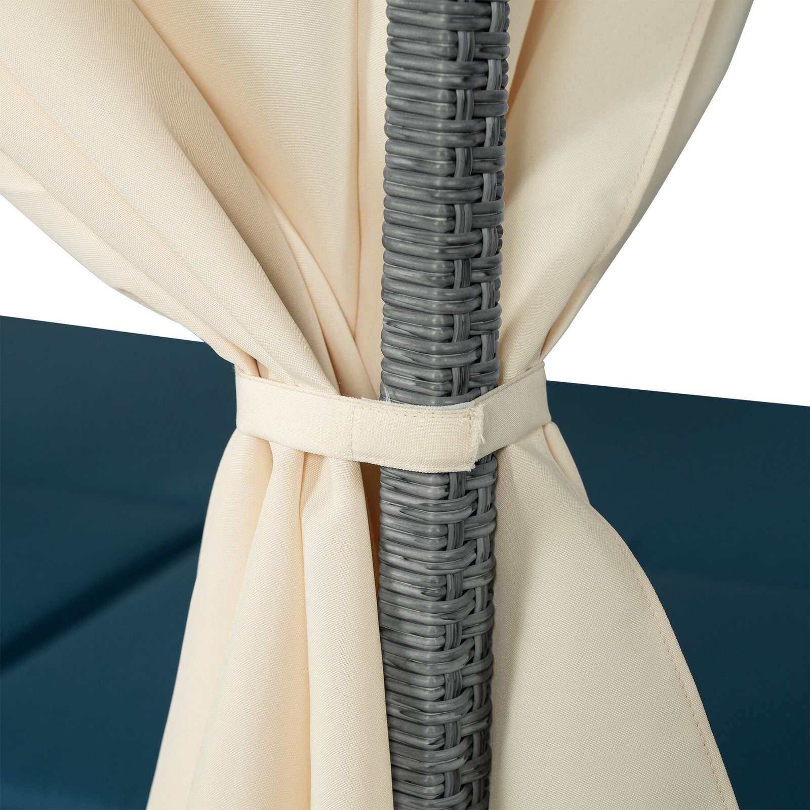 Close-up of adjustable outdoor sun lounger side canopy curtain showing weather-resistant privacy shade and durable polyester fabric