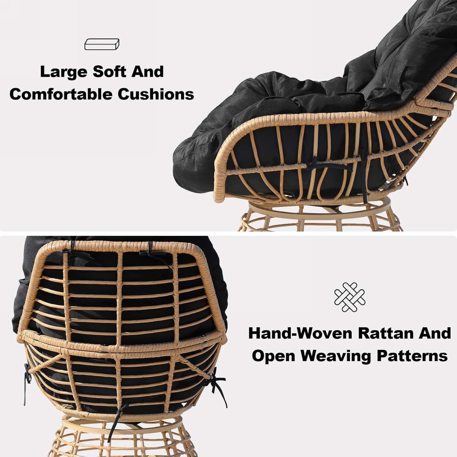 Outdoor Swivel Papasan Chair with Black Cushion – 360° wicker patio lounge chair with large soft cushion and hand-woven open rattan design