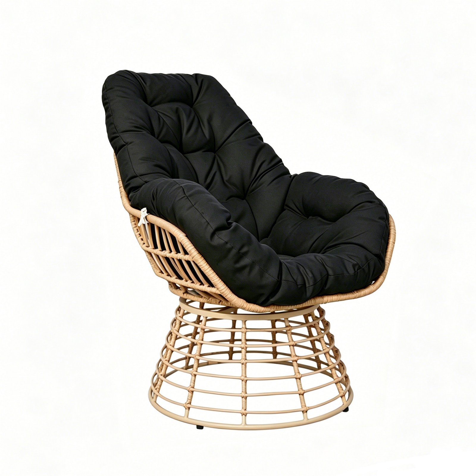 Outdoor Swivel Papasan Chair with Black Cushion – 360° wicker patio lounge chair on white background