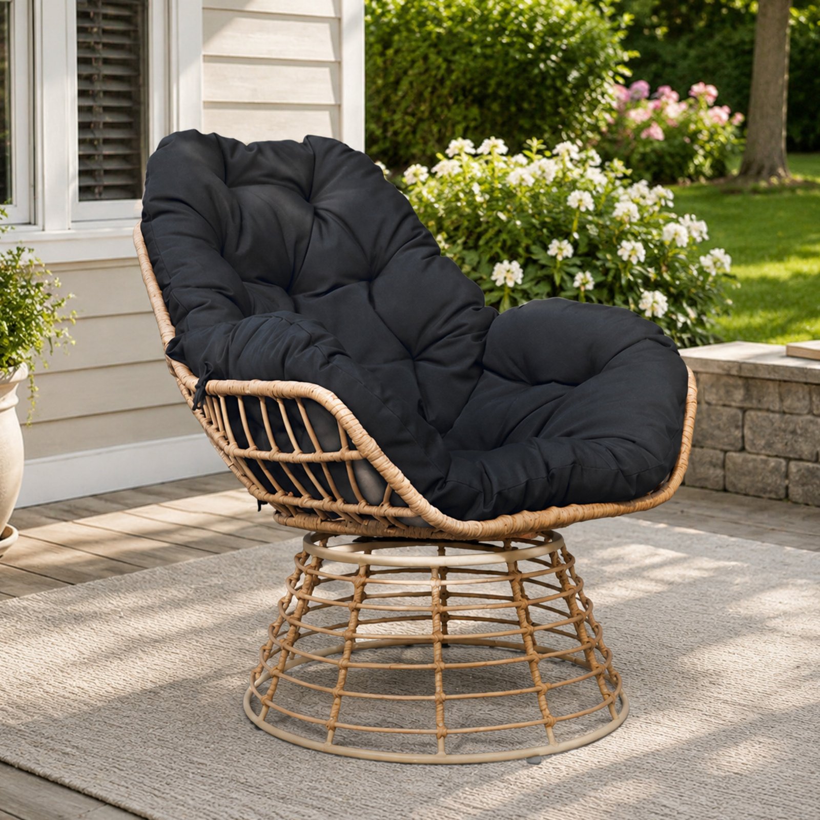Outdoor Swivel Papasan Chair with Black Cushion – 360° Wicker Patio Lounge Chair for Backyard, Porch, and Garden