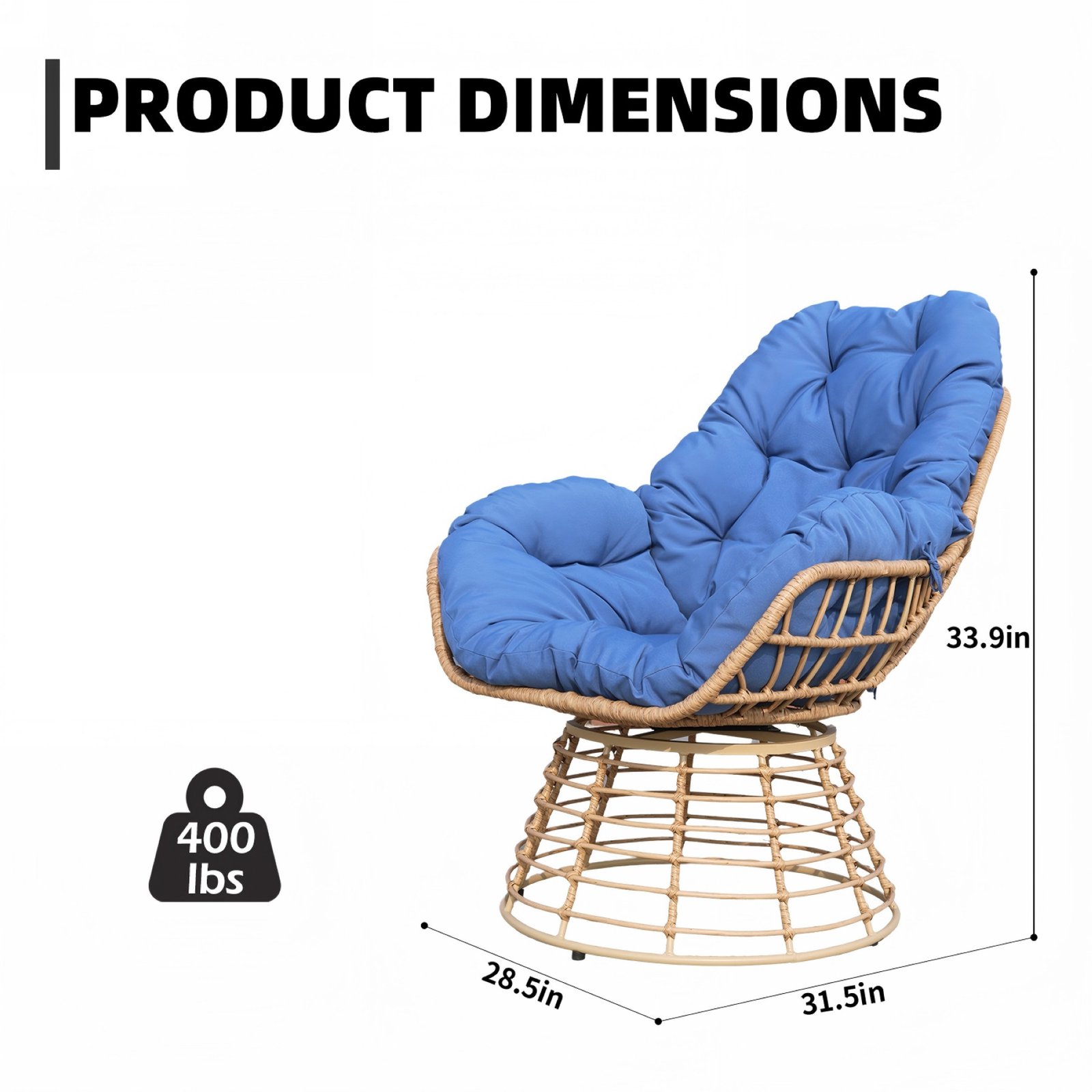 Dimensions of Outdoor Swivel Papasan Chair with Blue Cushion, 360° wicker patio lounge chair with swivel base