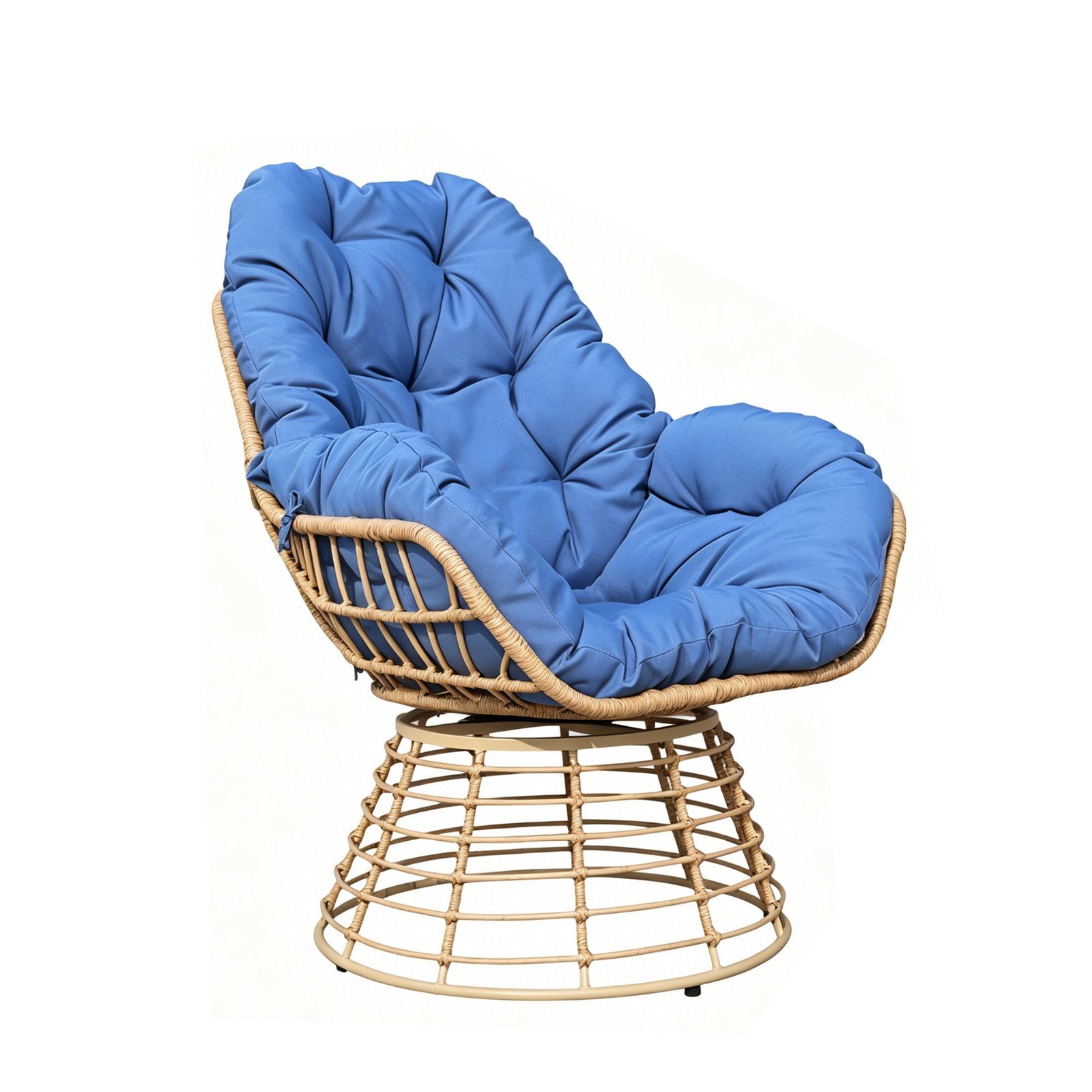 Blue Cushion Outdoor Swivel Papasan Chair – 360° Wicker Patio Lounge Chair White Background