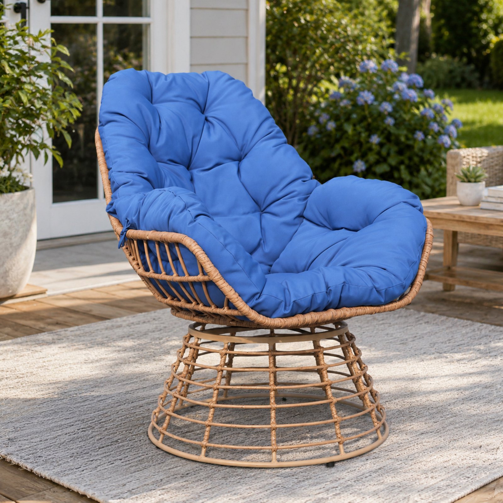 Blue Cushion Outdoor Swivel Papasan Chair – 360° Wicker Patio Lounge Chair for Backyard, Porch, or Garden