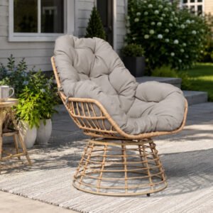 Outdoor Swivel Papasan Chair with Gray Cushion – 360° wicker lounge chair for backyard, patio, or porch relaxation