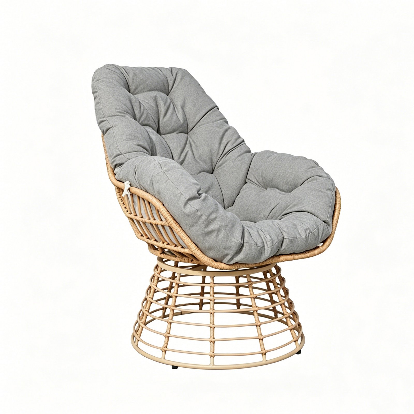 Gray Cushion Outdoor Swivel Papasan Chair – 360° wicker lounge chair with plush cushion on white background