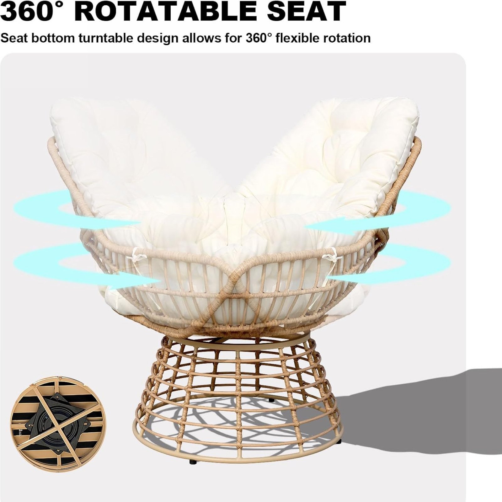 Outdoor Swivel Papasan Chair with White Cushion – 360° Rotatable Wicker Patio Lounge Chair for Porch, Garden, or Backyard