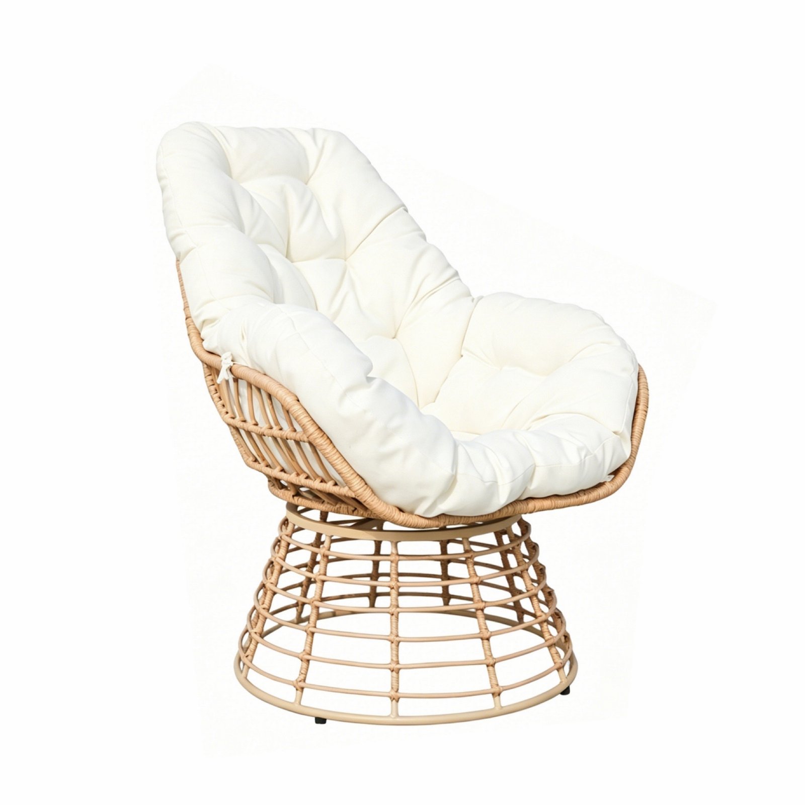 Outdoor Swivel Papasan Chair with White Cushion – 360° Rotatable Wicker Patio Lounge Chair, White Background