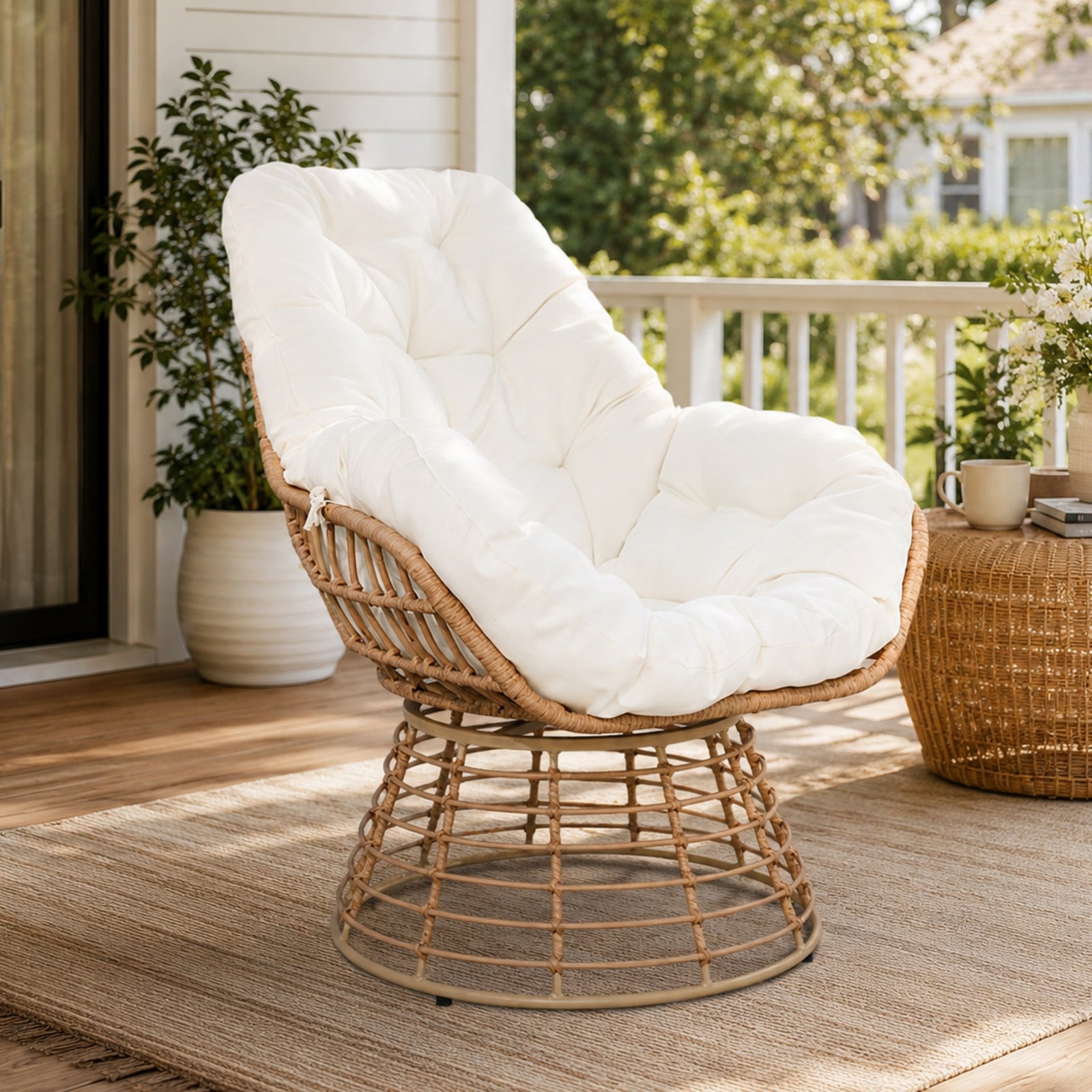 Outdoor Swivel Papasan Chair with White Cushion – 360° Wicker Patio Lounge Chair for Porch, Garden, or Backyard
