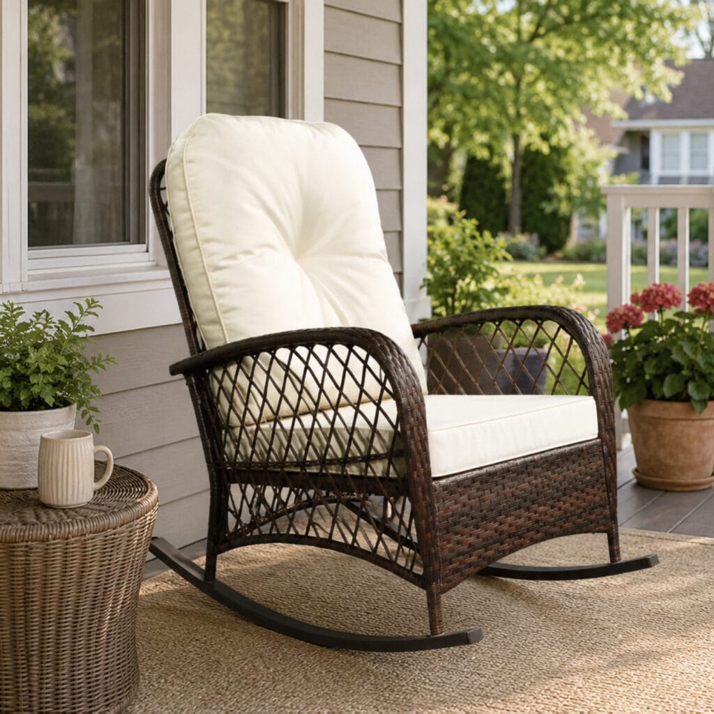 Outdoor wicker rocking chair with beige cushions on a covered front porch in a suburban American home