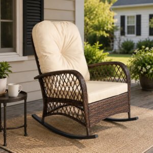 Outdoor Wicker Rocking Chair with Shallow Brown Cushion – Wide Seat Rattan Rocker for Porch, Patio, and Backyard