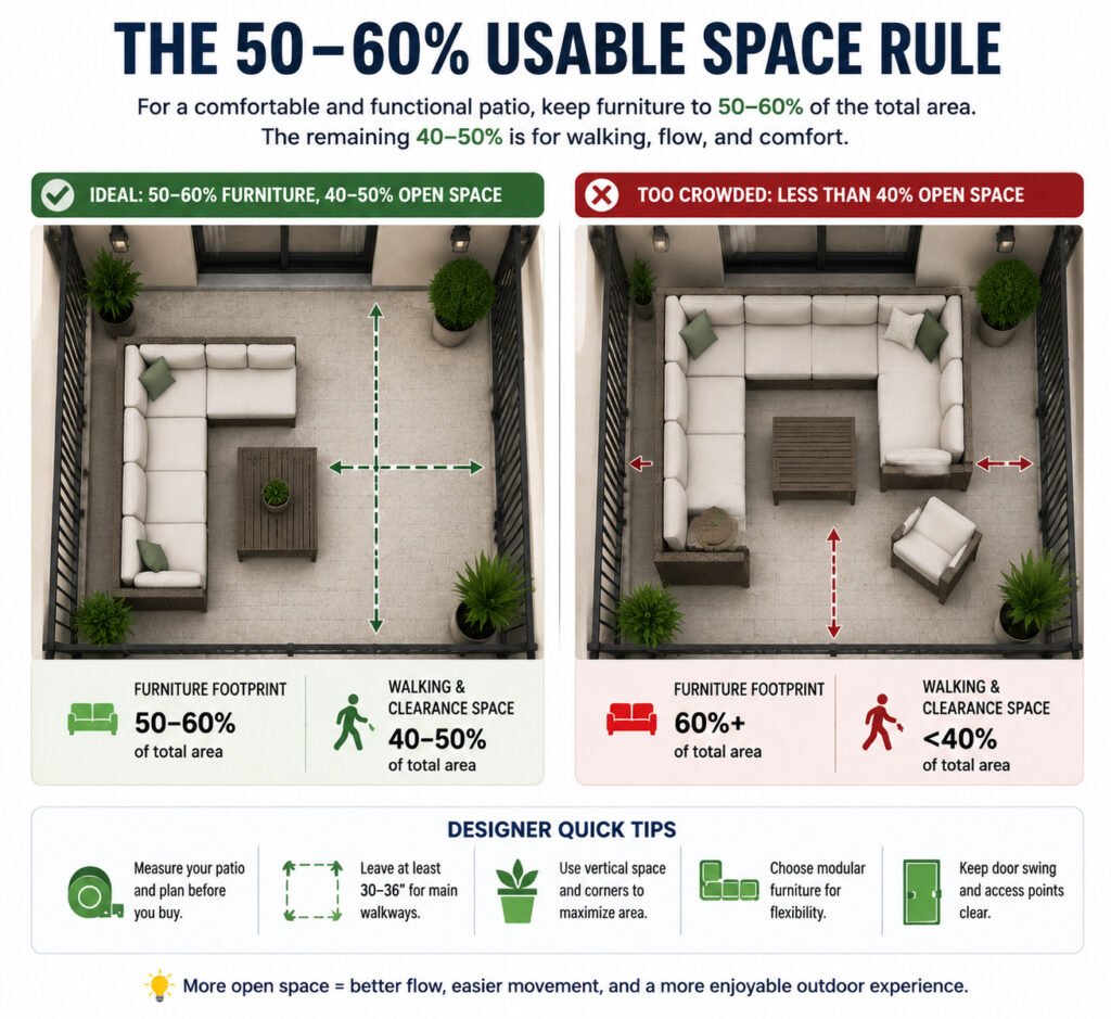 50 to 60 percent usable space rule diagram for small patio layout showing ideal vs overcrowded furniture placement and walking clearance comparison