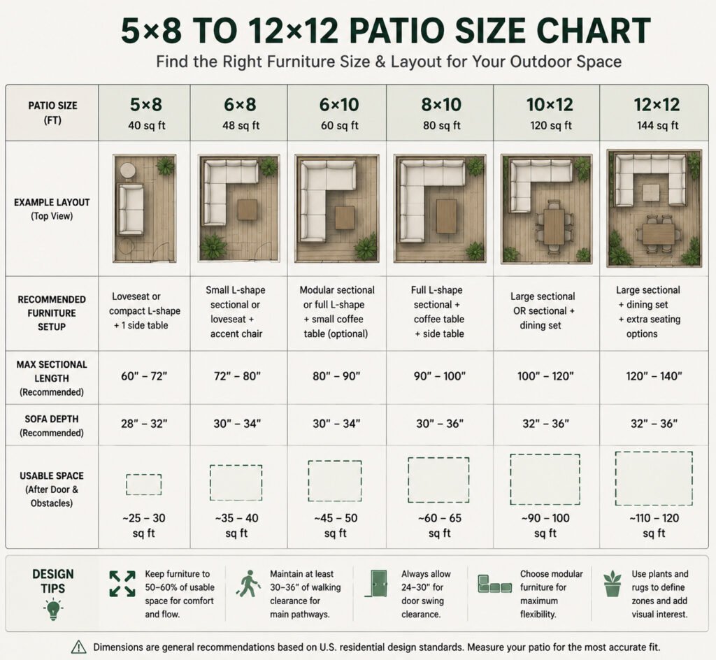 5x8 to 12x12 patio size chart showing recommended sectional sofa sizes, layouts, seating capacity, and usable space for small outdoor patios and balconies