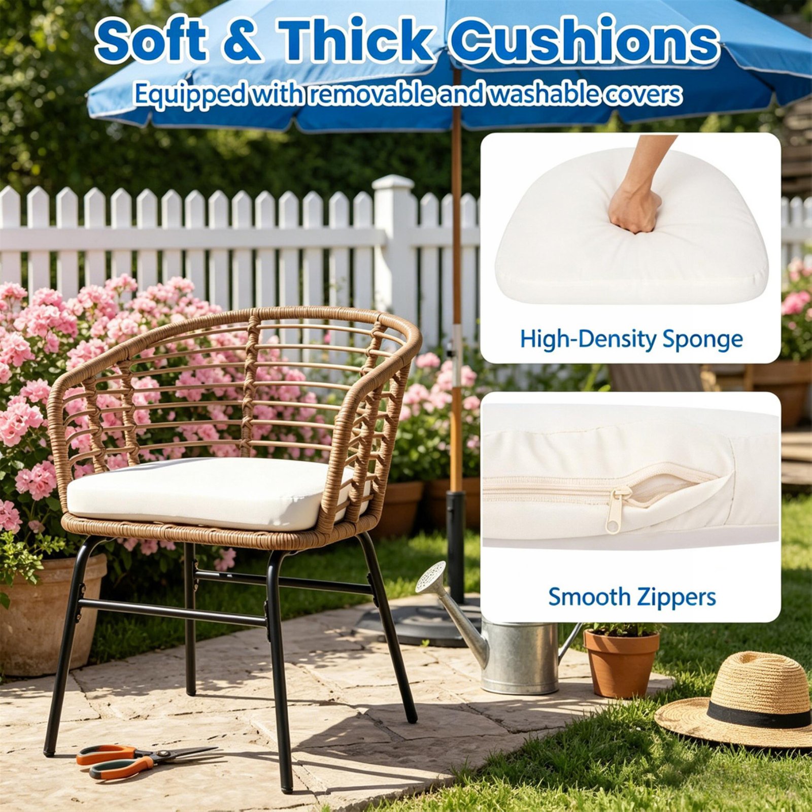 PE rattan patio bistro chair with soft thick cushions removable washable covers high density sponge and smooth zipper outdoor seating detail.