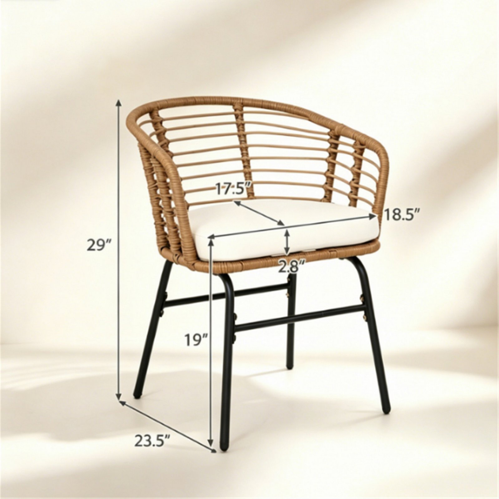 3-piece PE rattan patio bistro set chair dimensions guide showing seat size and cushion thickness outdoor chair measurement diagram.