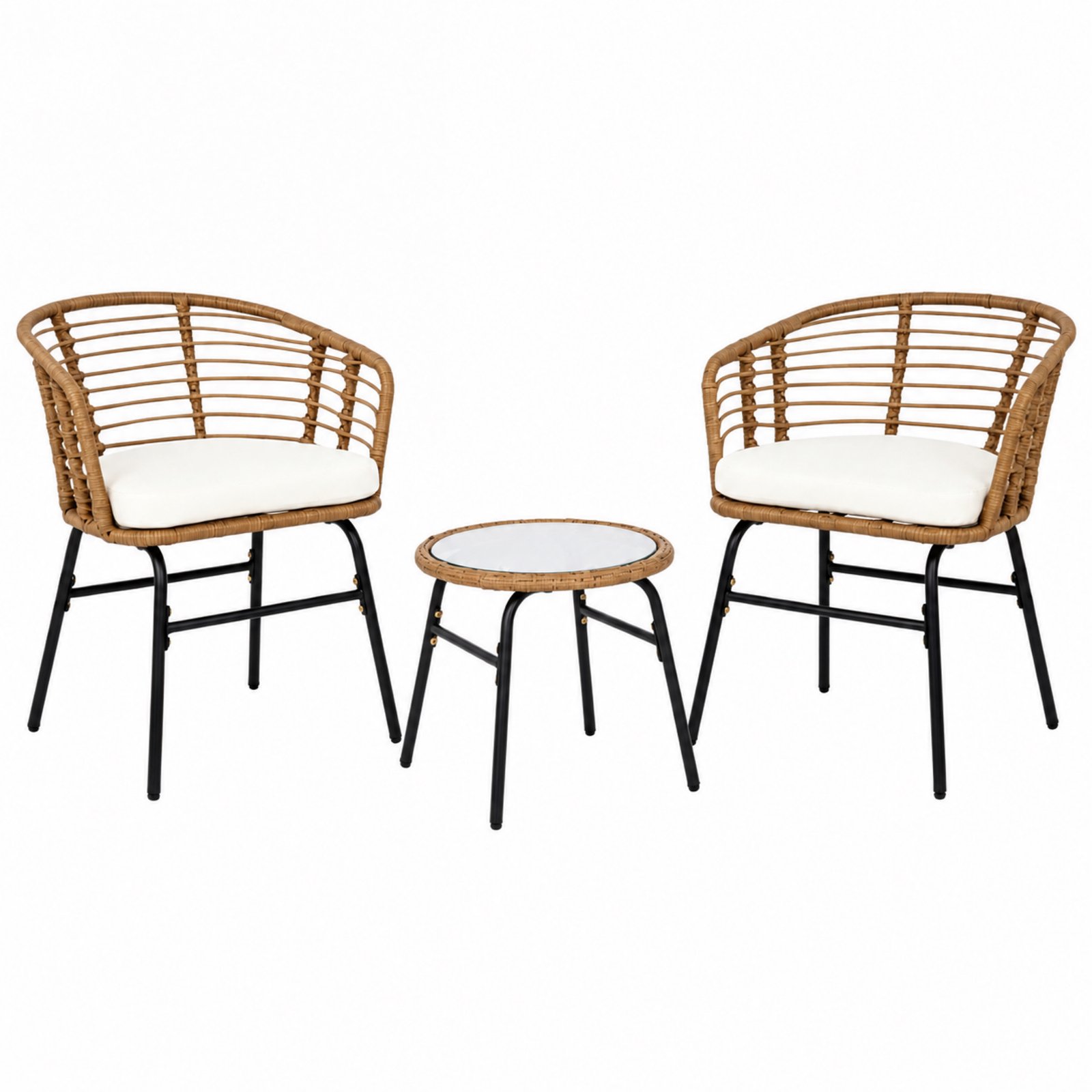 3-piece PE rattan patio bistro set with cushions and glass table outdoor conversation furniture set for balcony porch and garden white background product image.