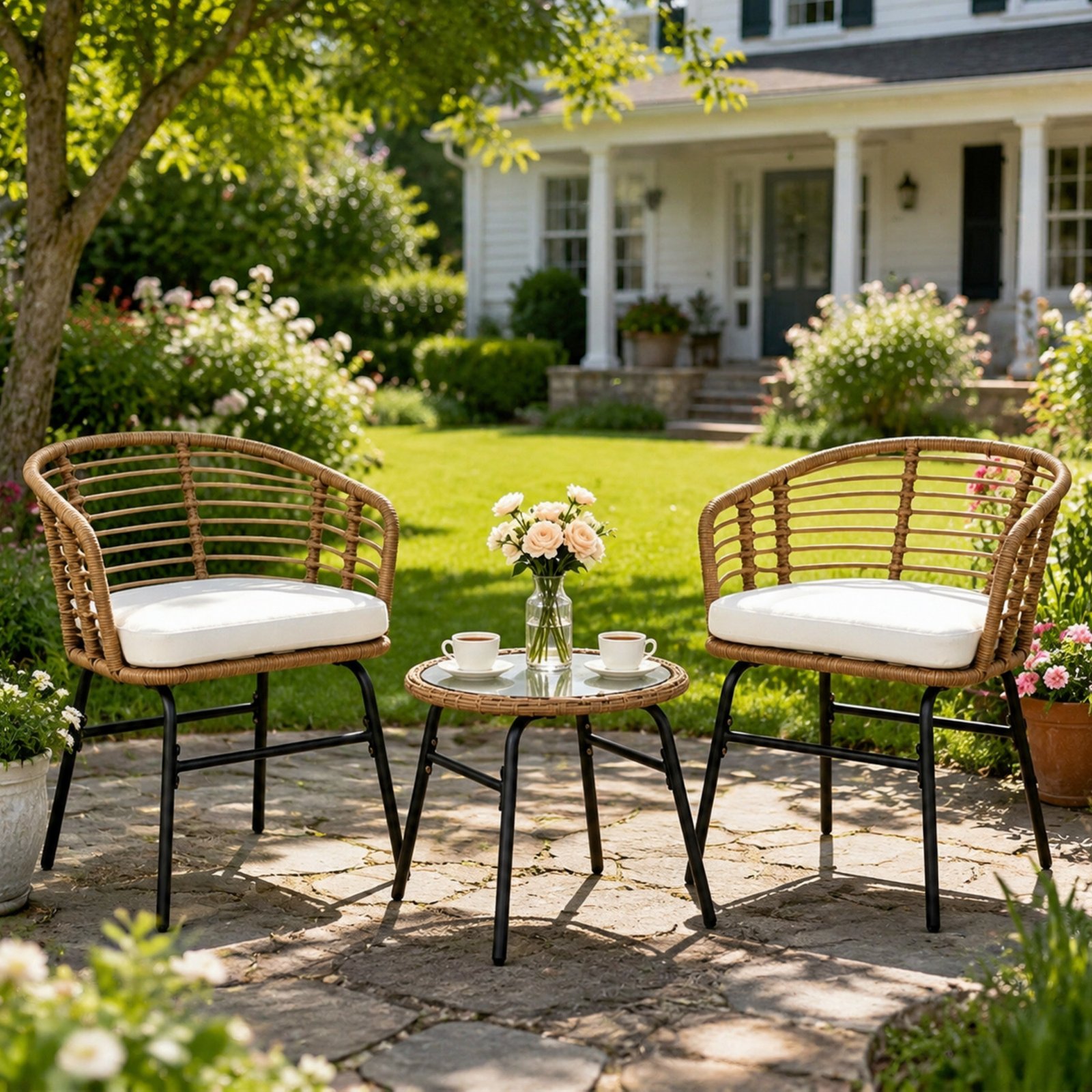 PE rattan patio bistro set placed in backyard garden with coffee and flowers on glass table outdoor conversation set for balcony porch and garden.