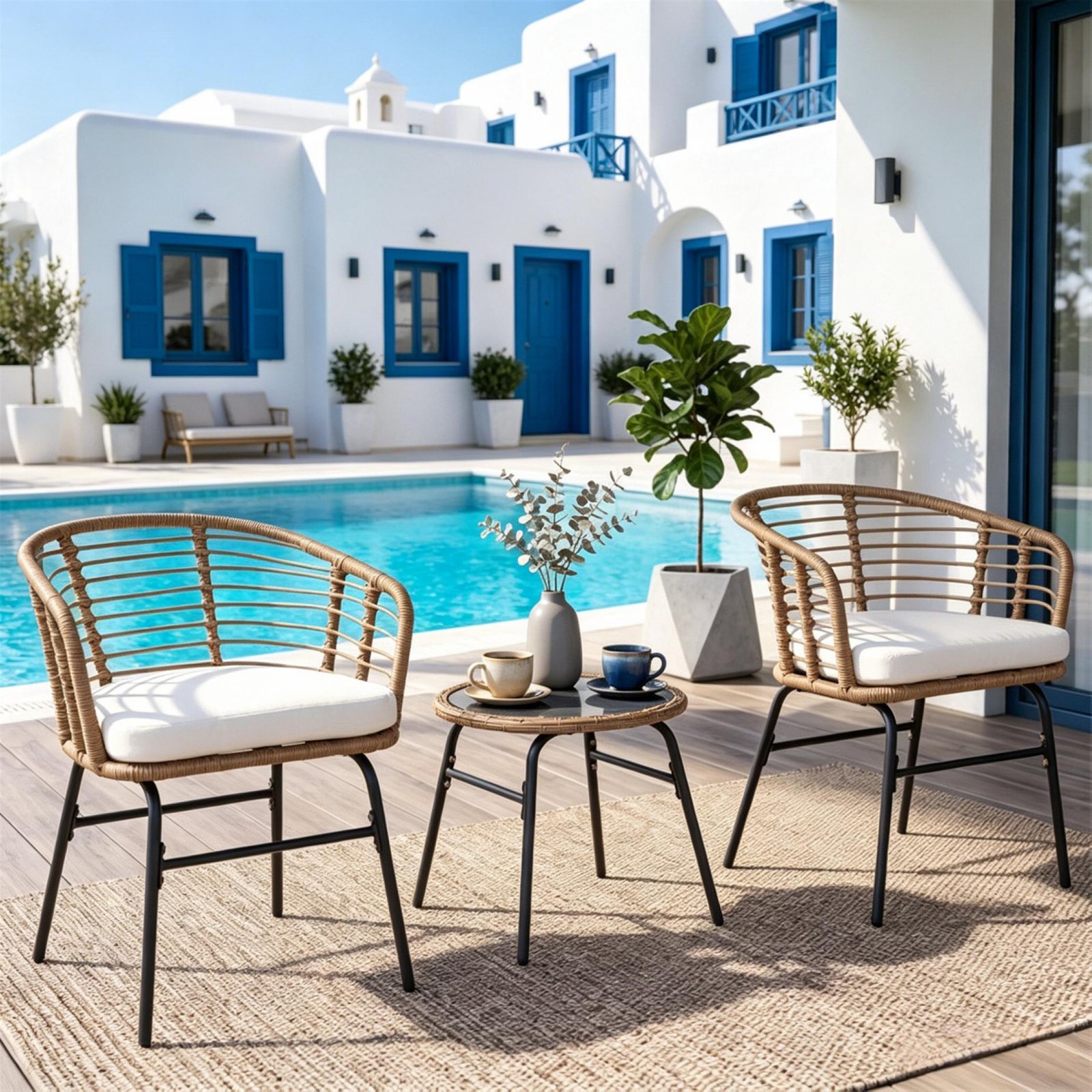 PE rattan patio bistro set placed by poolside with coffee and flowers on table outdoor conversation furniture set for balcony porch and garden.