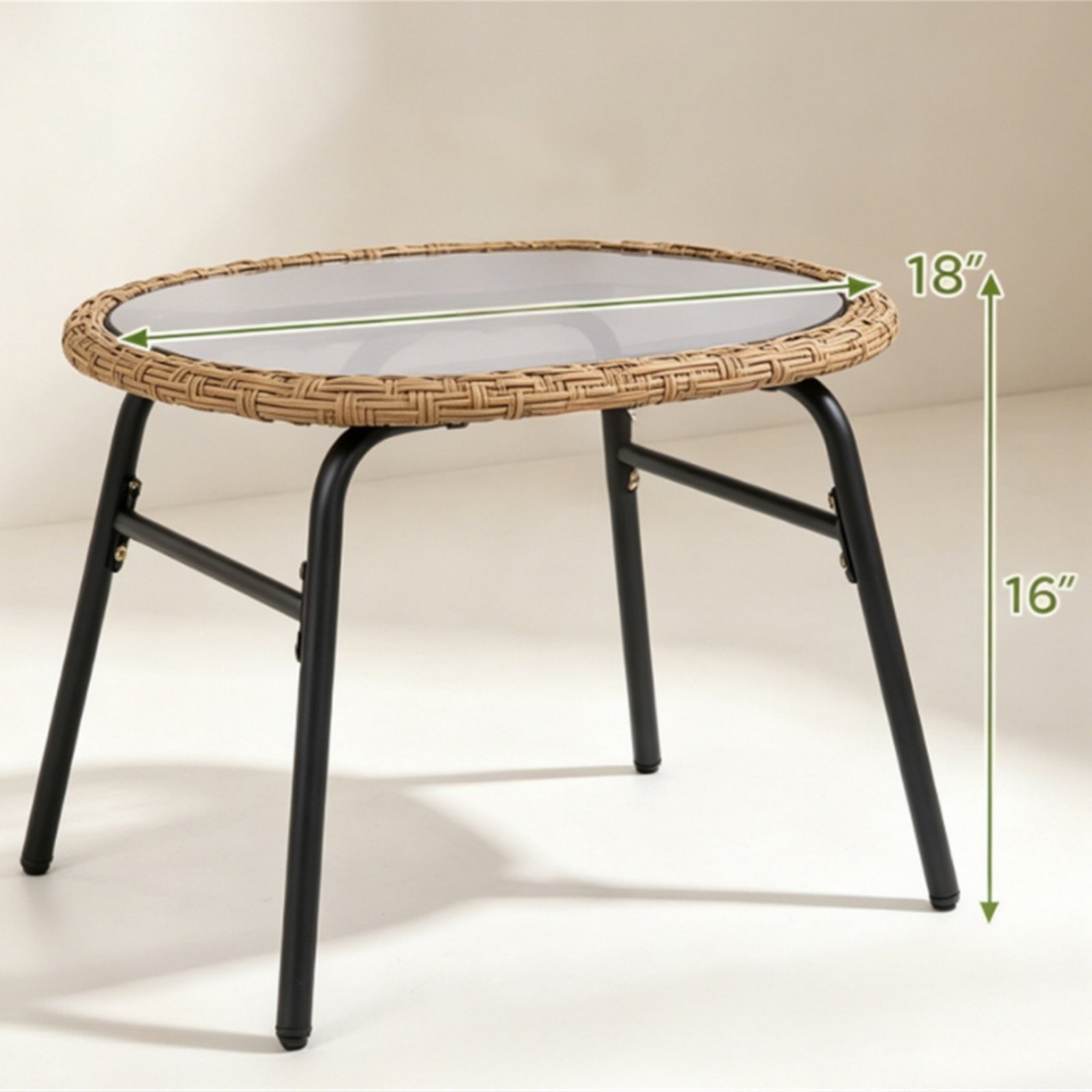 3-piece PE rattan patio bistro set coffee table dimensions guide with tempered glass top outdoor small round table size measurement diagram.