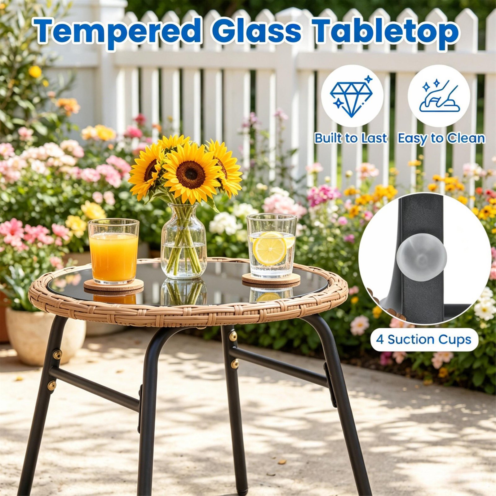 PE rattan patio bistro coffee table with tempered glass tabletop 4 suction cups easy to clean durable outdoor furniture detail view.