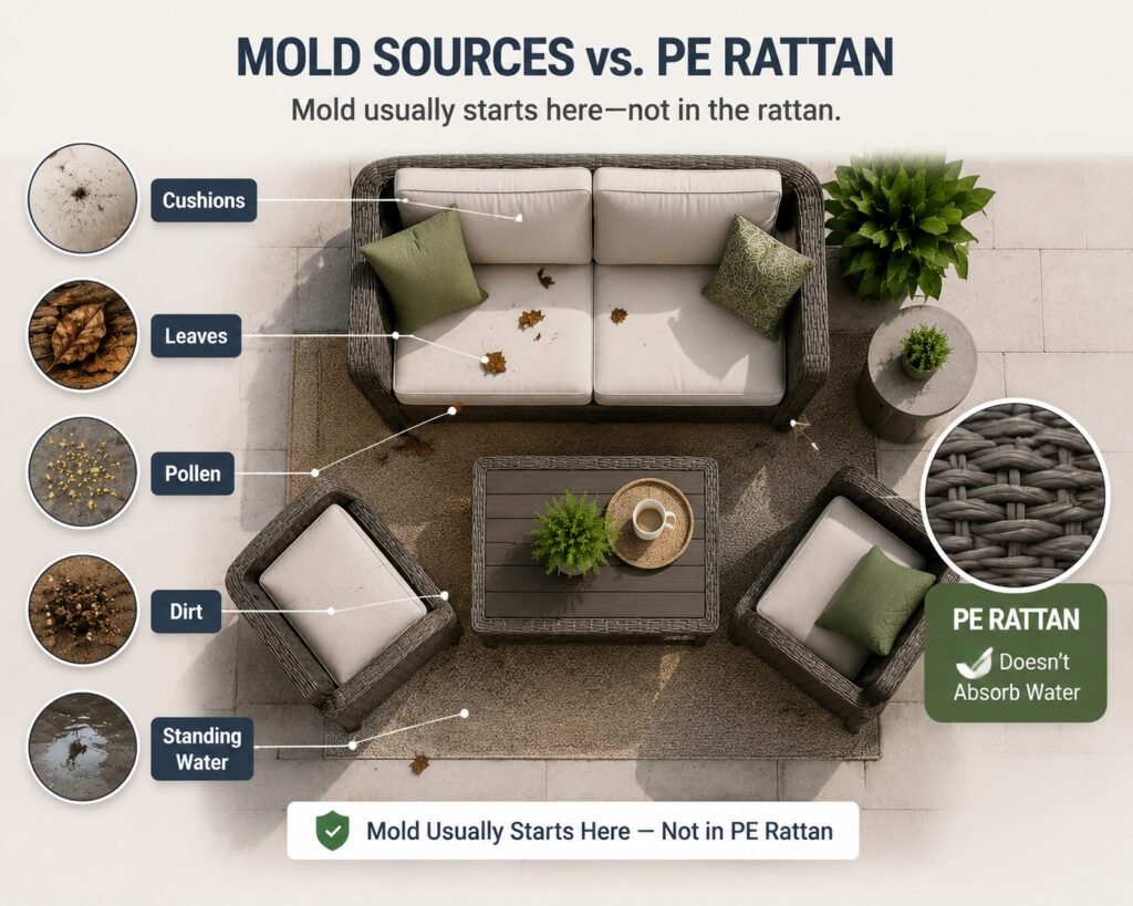 Top-down infographic showing common mold sources on outdoor furniture compared to PE rattan, highlighting its resistance to mold and moisture.