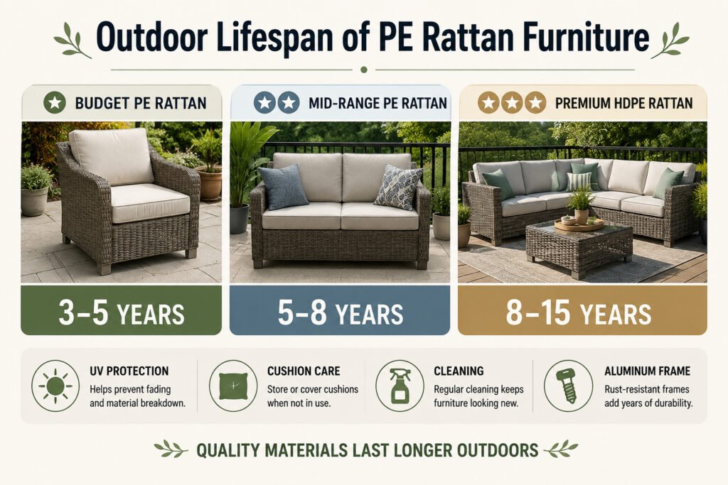 Comparing the typical outdoor lifespan of budget PE rattan, mid-range PE rattan, and premium HDPE rattan furniture.