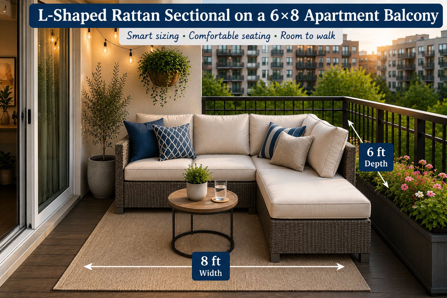 PE rattan L-shaped sectional sofa on a 6x8 small apartment balcony with side table and cushions