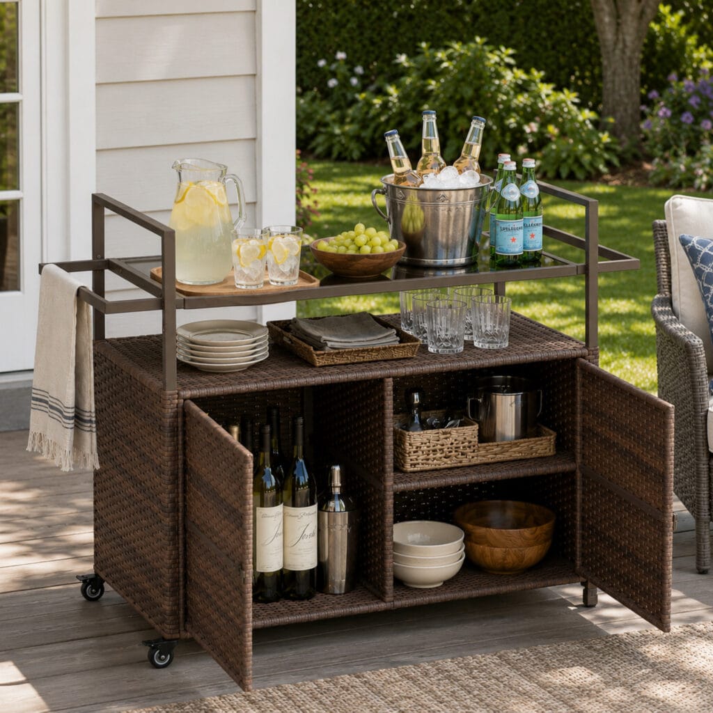 Brown Mix rattan outdoor storage cart with wheels and tempered glass top, mobile bar cart and patio buffet cabinet for outdoor kitchen and garden use