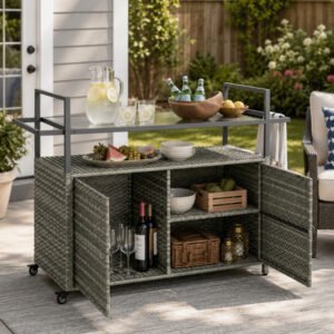rattan-outdoor-storage-cart-wheels-gray Gray rattan outdoor storage cart with wheels and glass top, used as mobile bar cart and patio buffet cabinet by poolside