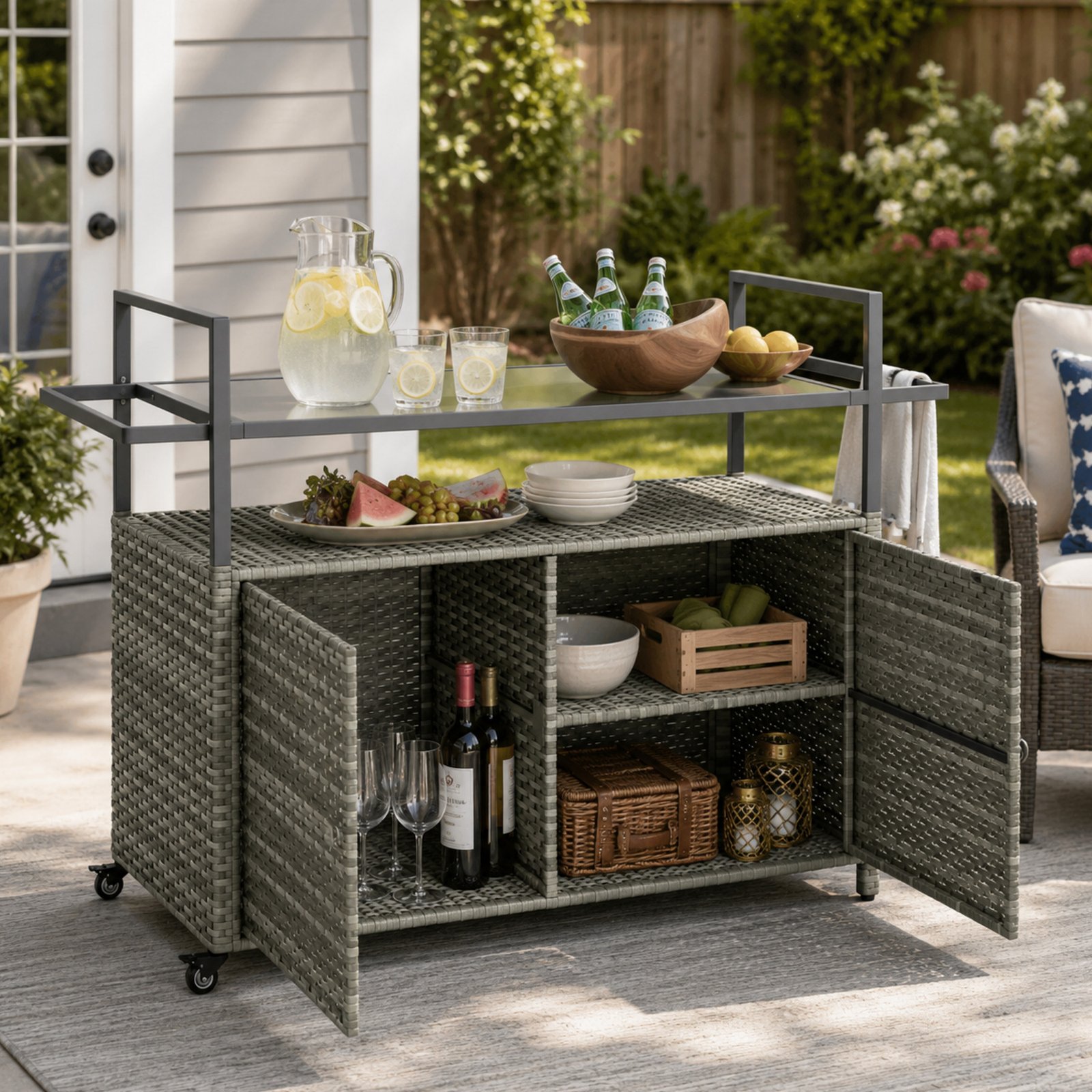 Gray rattan outdoor storage cart with wheels and glass top, used as mobile bar cart and patio buffet cabinet by poolside