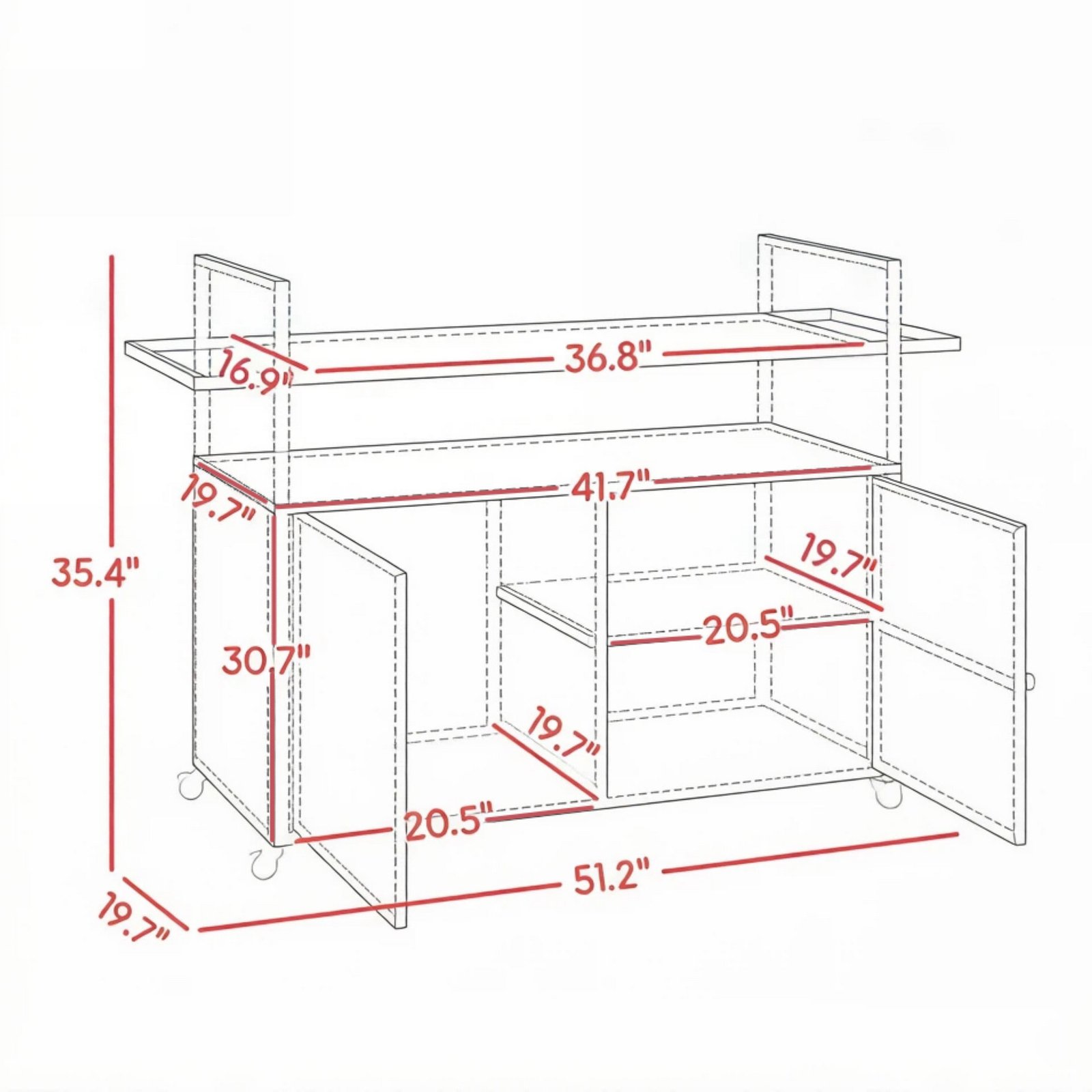 Dimensions of the rattan outdoor storage cart with wheels and glass top, showing overall size and storage compartment measurements