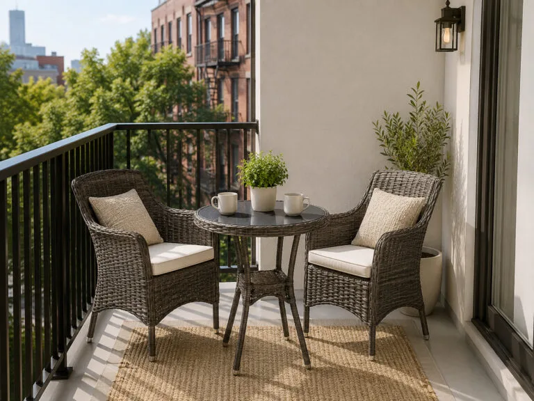 PE rattan bistro set on a sunny apartment balcony showing durable and weather-resistant outdoor seating