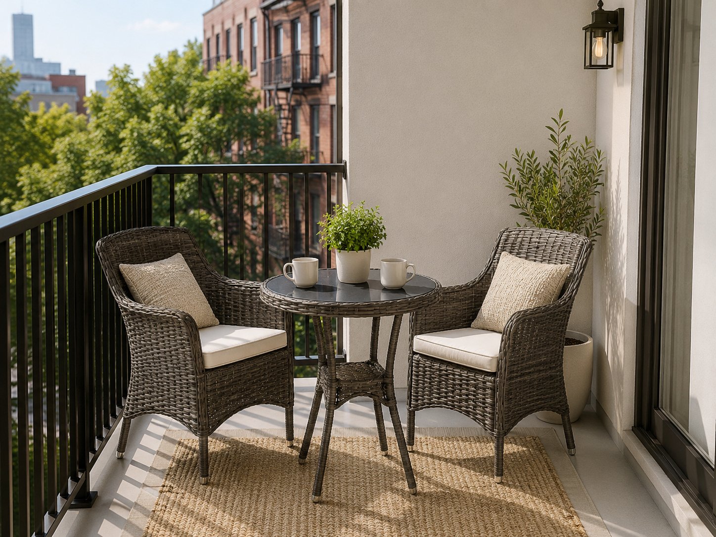 PE rattan bistro set on a sunny apartment balcony showing durable and weather-resistant outdoor seating