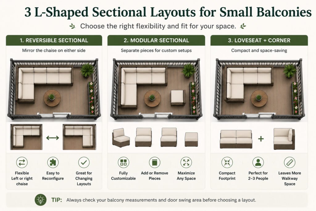 Comparison of three space-saving L-shaped outdoor sectional layouts for small apartment balconies, including reversible, modular, and loveseat plus corner configurations.