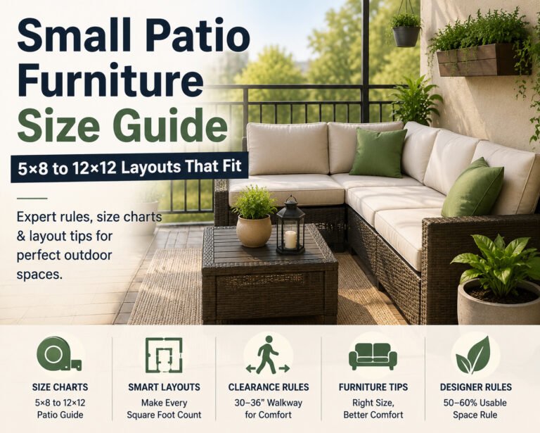 Small patio furniture size guide featured image showing modern L-shaped rattan sectional sofa on apartment balcony with layout tips and size planning theme