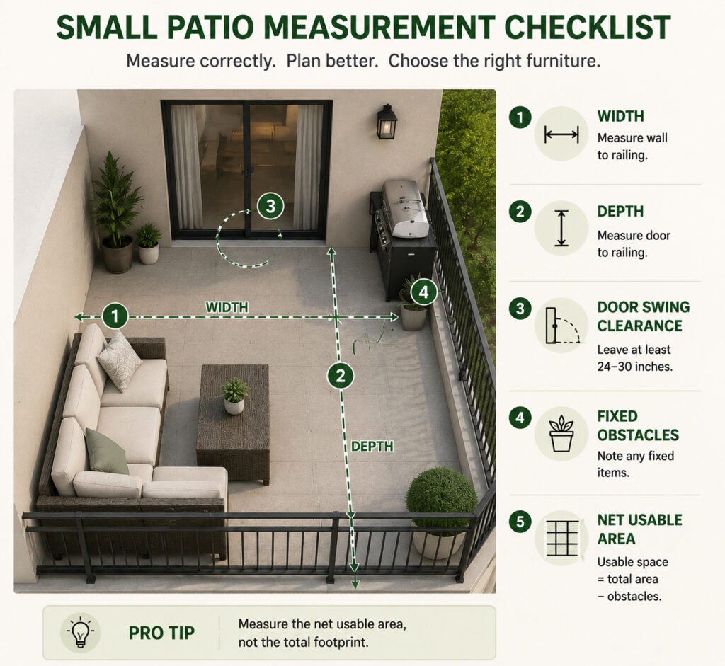 Small patio measurement checklist infographic showing width, depth, door swing clearance, obstacles, and usable area for 5x8 to 12x12 patio furniture layout planning