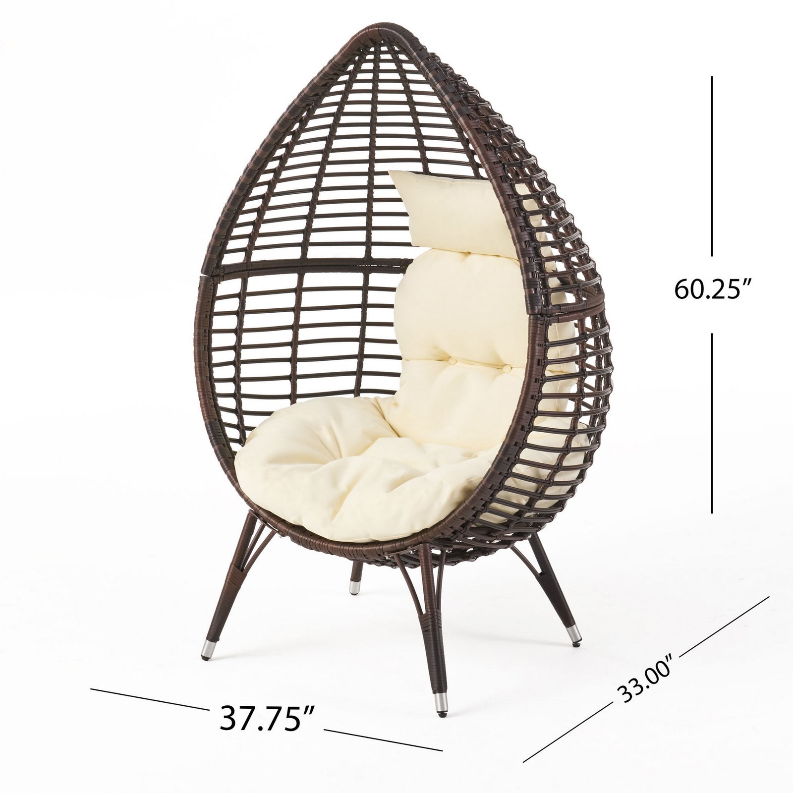 Dimensions chart of teardrop lounge chair with cushion showing overall size, height, width, and depth for indoor and outdoor use.
