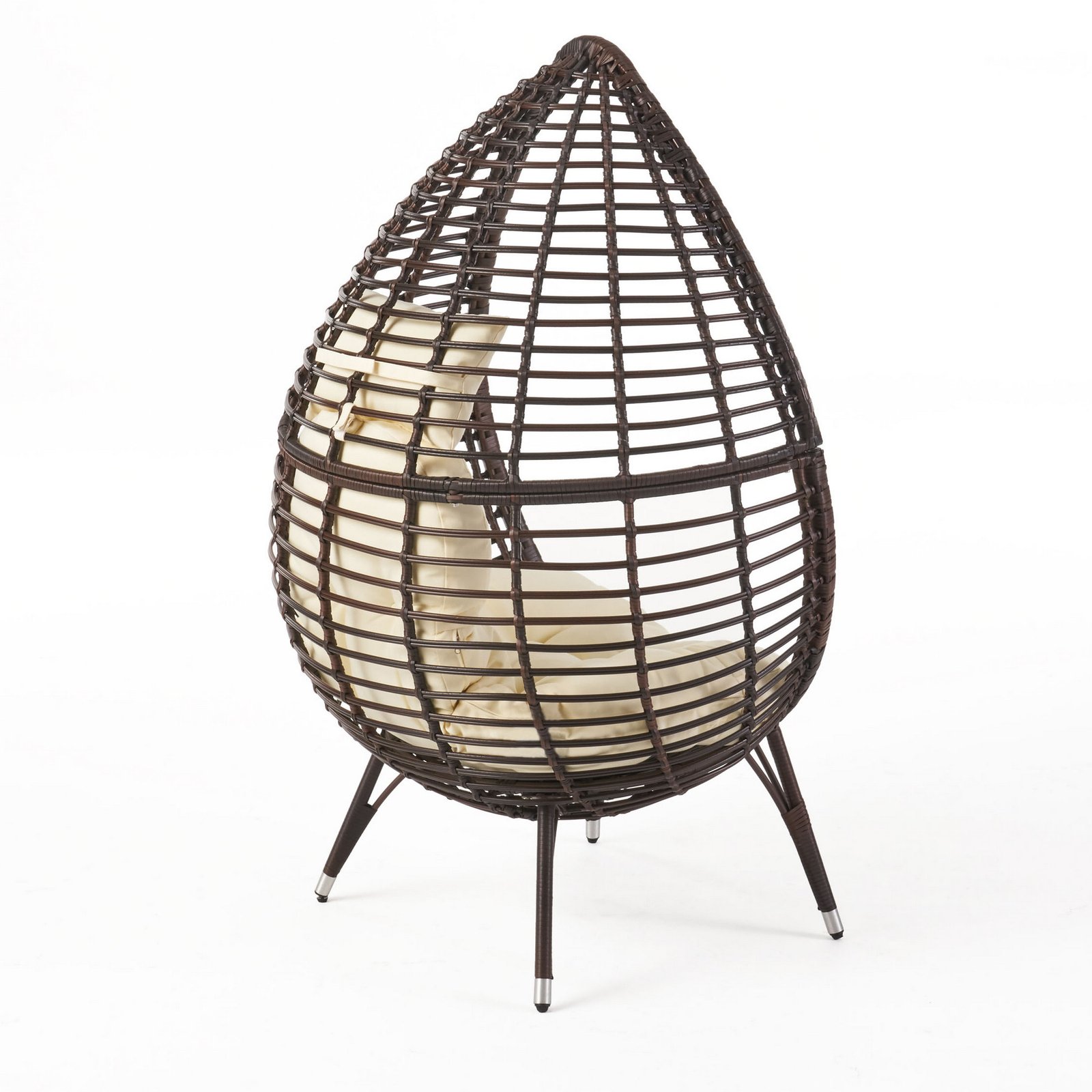 Rear 45-degree view of teardrop lounge chair with cushion, freestanding wicker basket chair with iron frame on a white background.