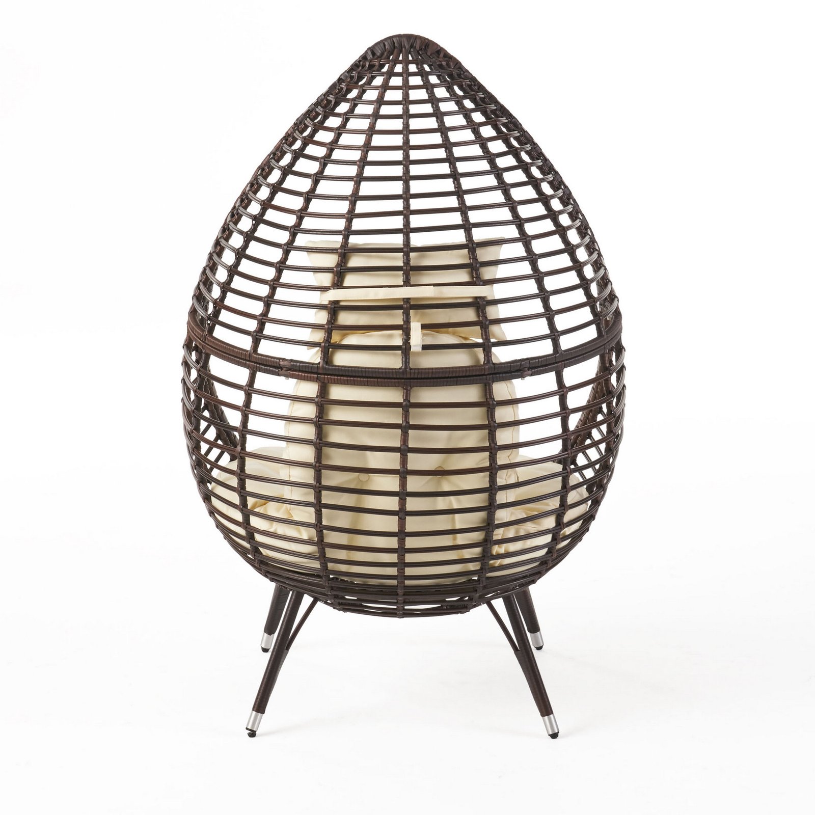Rear view of teardrop lounge chair with cushion, showing freestanding wicker basket structure and iron frame on a white background.