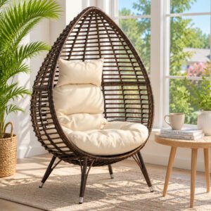 Freestanding teardrop lounge chair with cushion, PE rattan frame, and iron legs for patio and indoor use