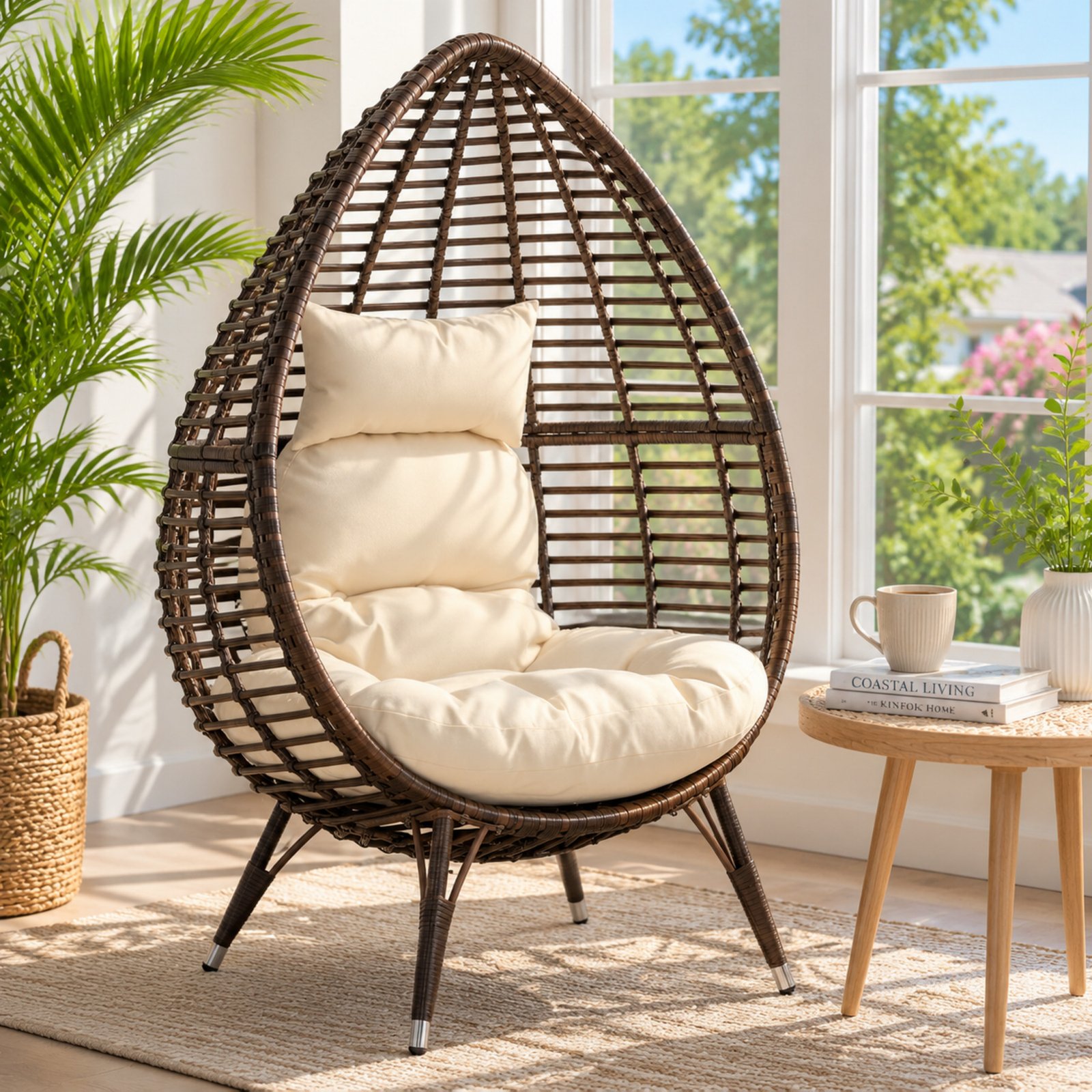 Freestanding teardrop lounge chair with cushion, PE rattan frame, and iron legs for patio and indoor use