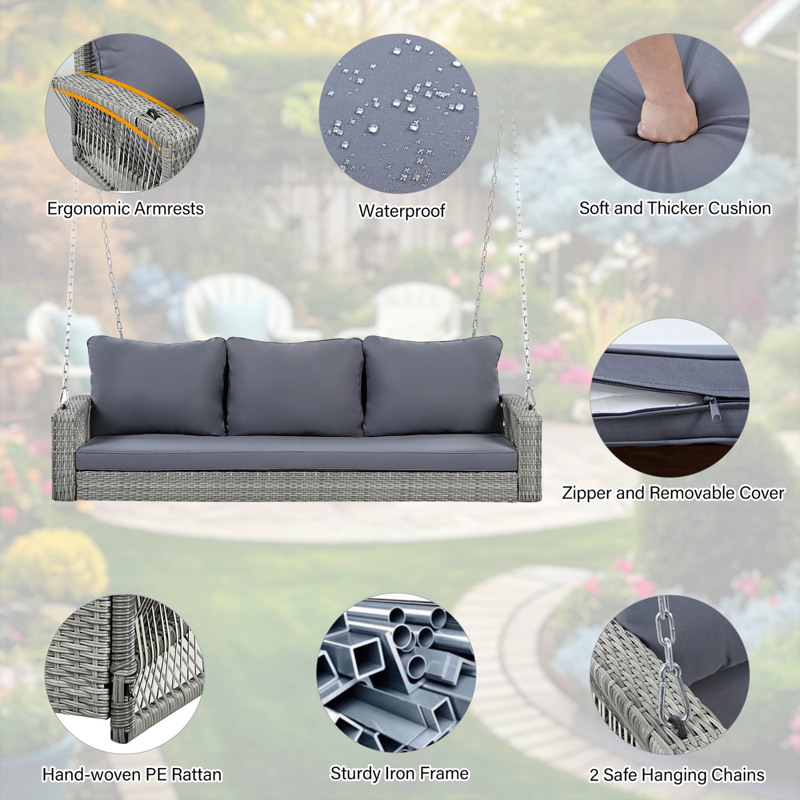 69-inch 3-person wicker porch swing bench with gray cushions, featuring ergonomic armrests, waterproof removable cushion covers, hand-woven PE rattan, sturdy iron frame, and heavy-duty hanging chains.