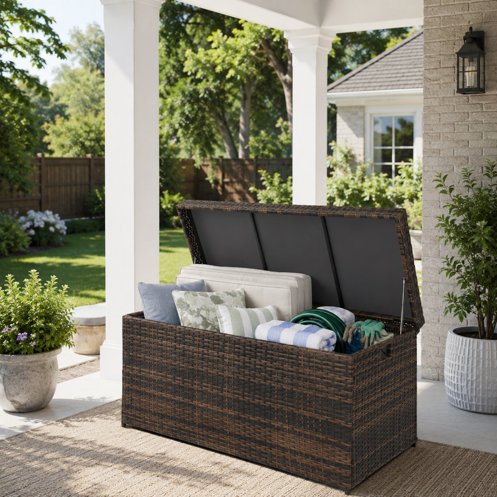 132 gallon outdoor wicker deck box used for storing patio cushions towels and outdoor accessories