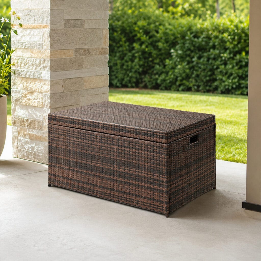132 gallon outdoor wicker deck box storage cabinet with brown rattan finish