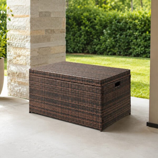 132 gallon outdoor wicker deck box storage cabinet with brown rattan finish